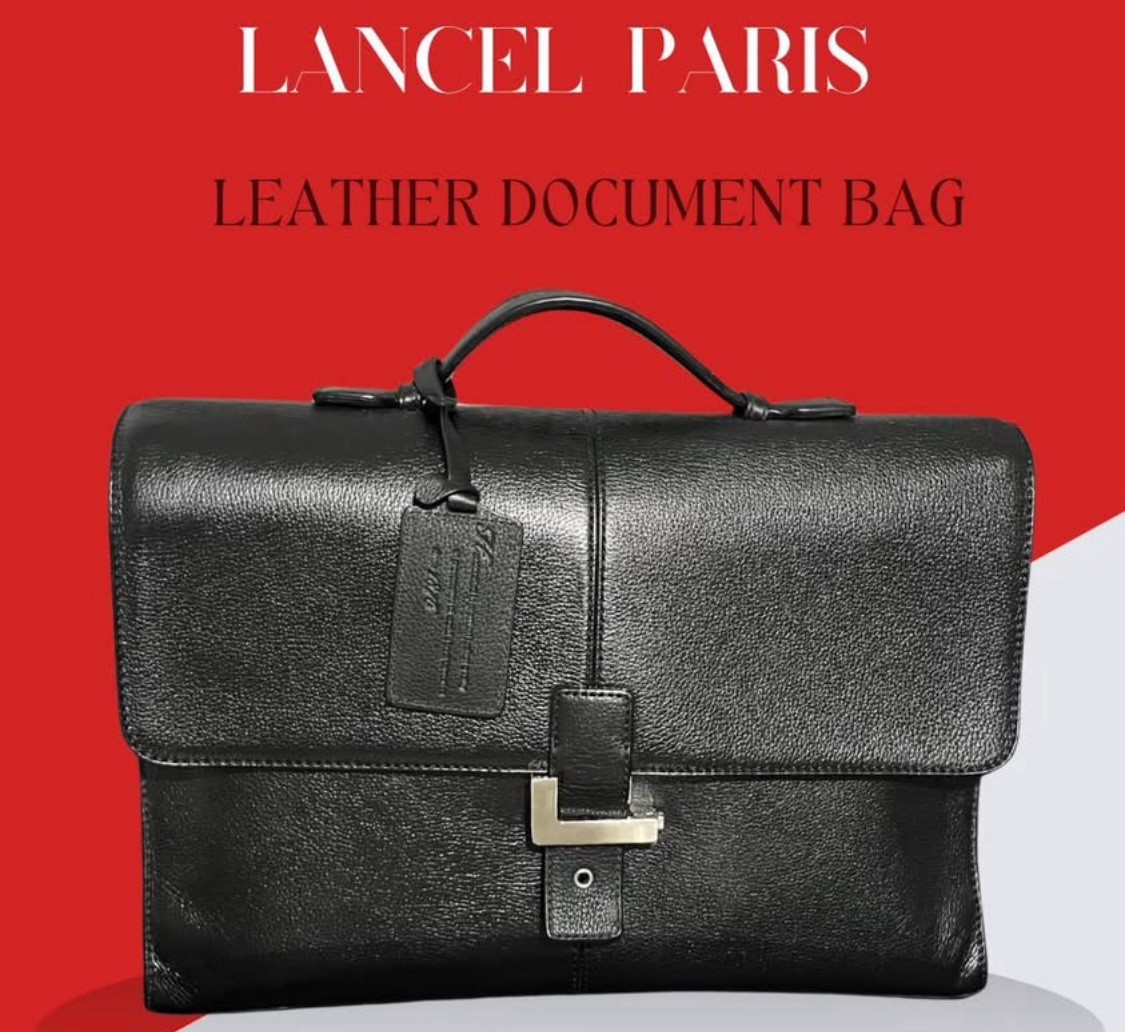 Lancel Black Briefcase Document Case Push Lock Men Business Top Handle Solid