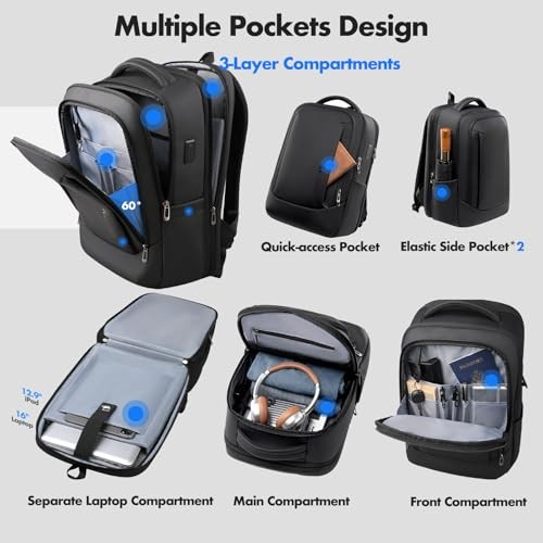 Expandable 16 Inch Laptop Backpack 40L Black USB Port Carry On
