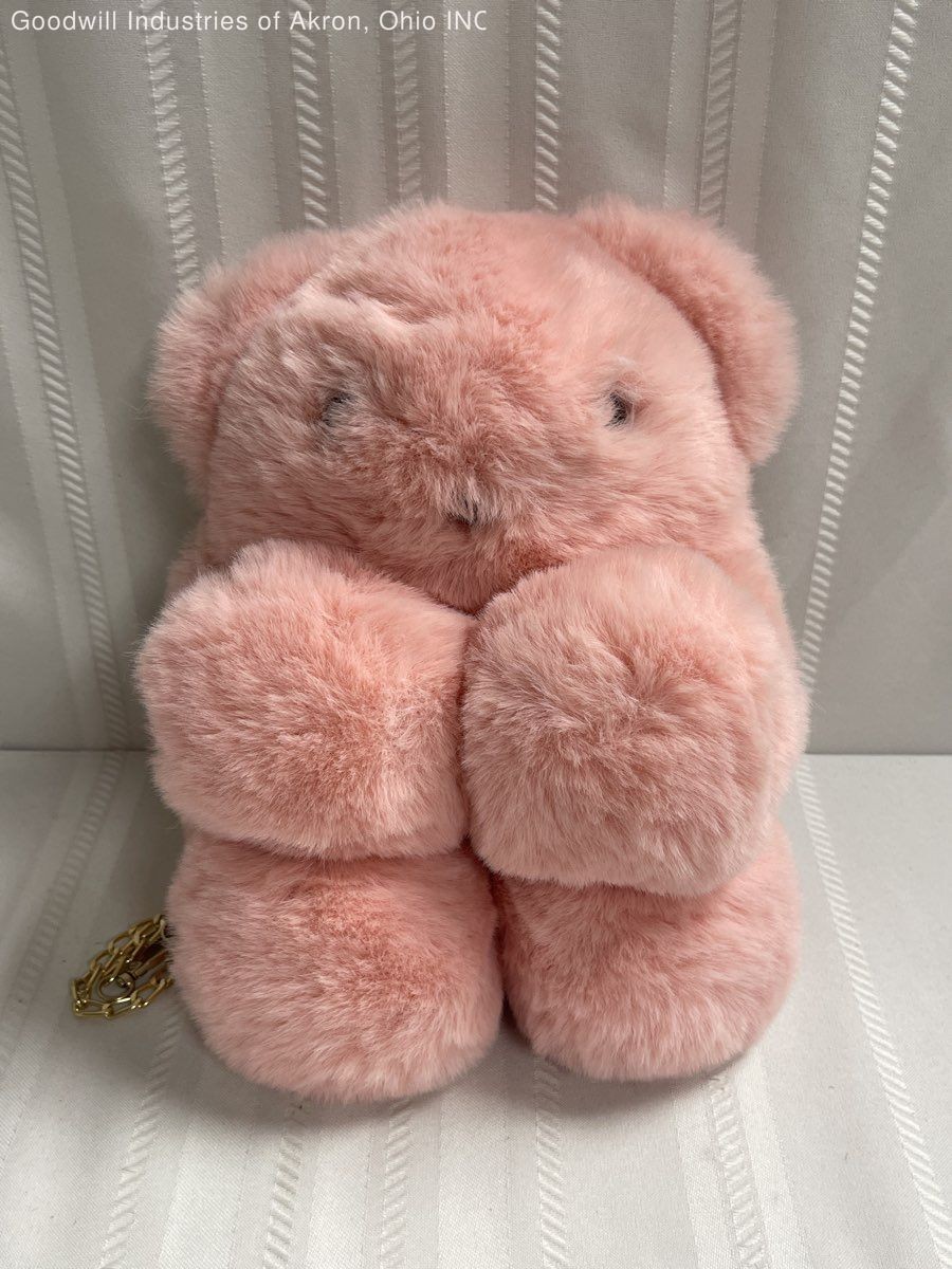 Pink Faux Fur Teddy Bear Backpack Gold Chain Strap Small Plush Bag