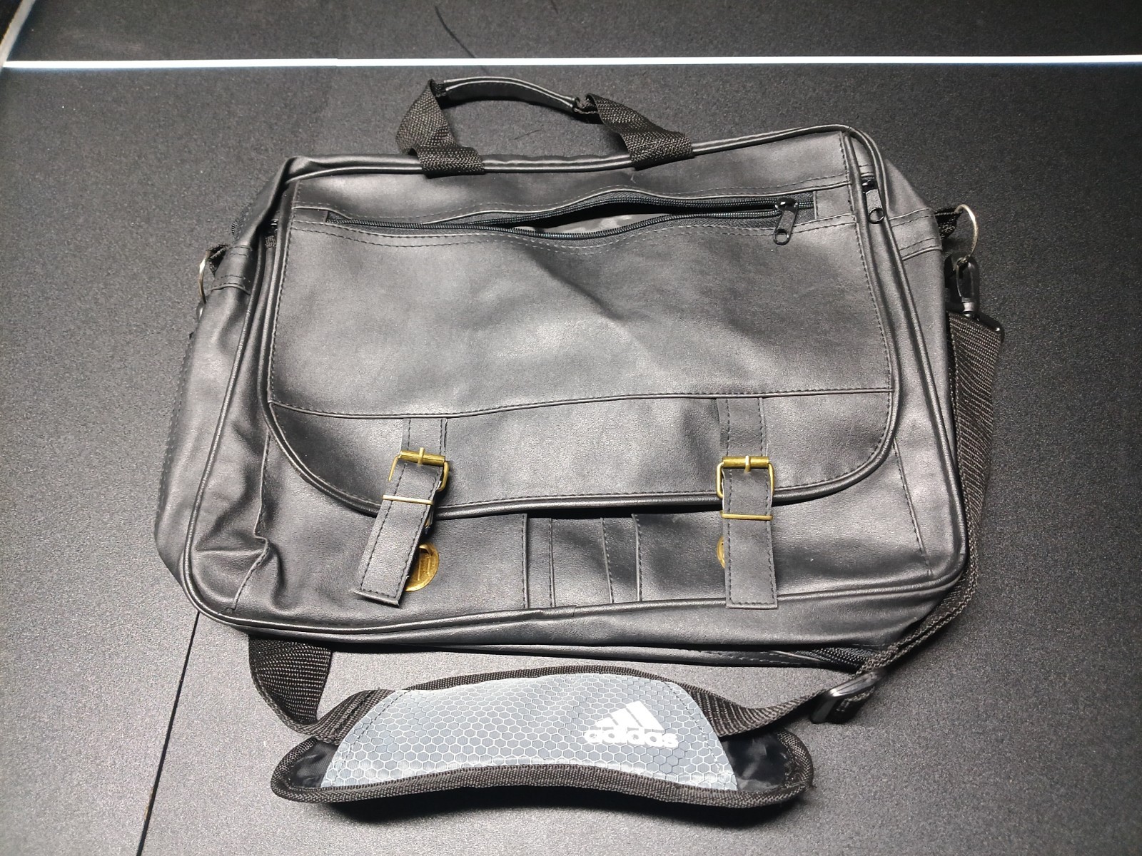 BLACK LEATHER-LOOK BRIEFCASE LAPTOP TRAVEL BAG MULTI-COMPARTMENT w/STRAP