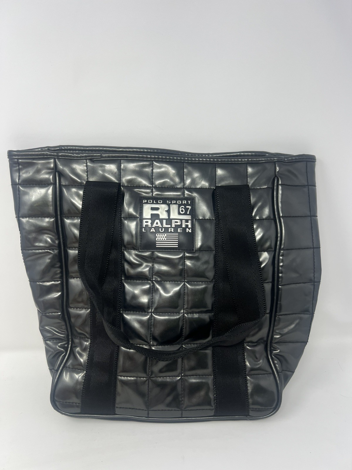 Polo Sport Ralph Lauren 67 Tote Bag Faux Patent Leather Quilted Dark Gray