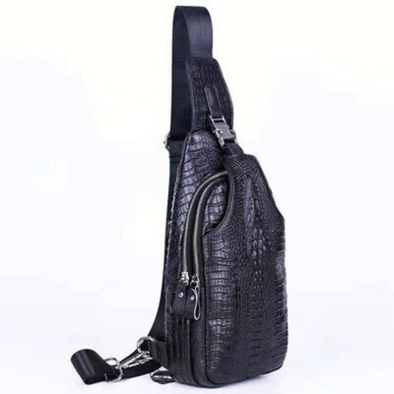 Men’s Sling Backpack 100% Genuine Leather Crocodile Pattern Crossbody Chest Bag