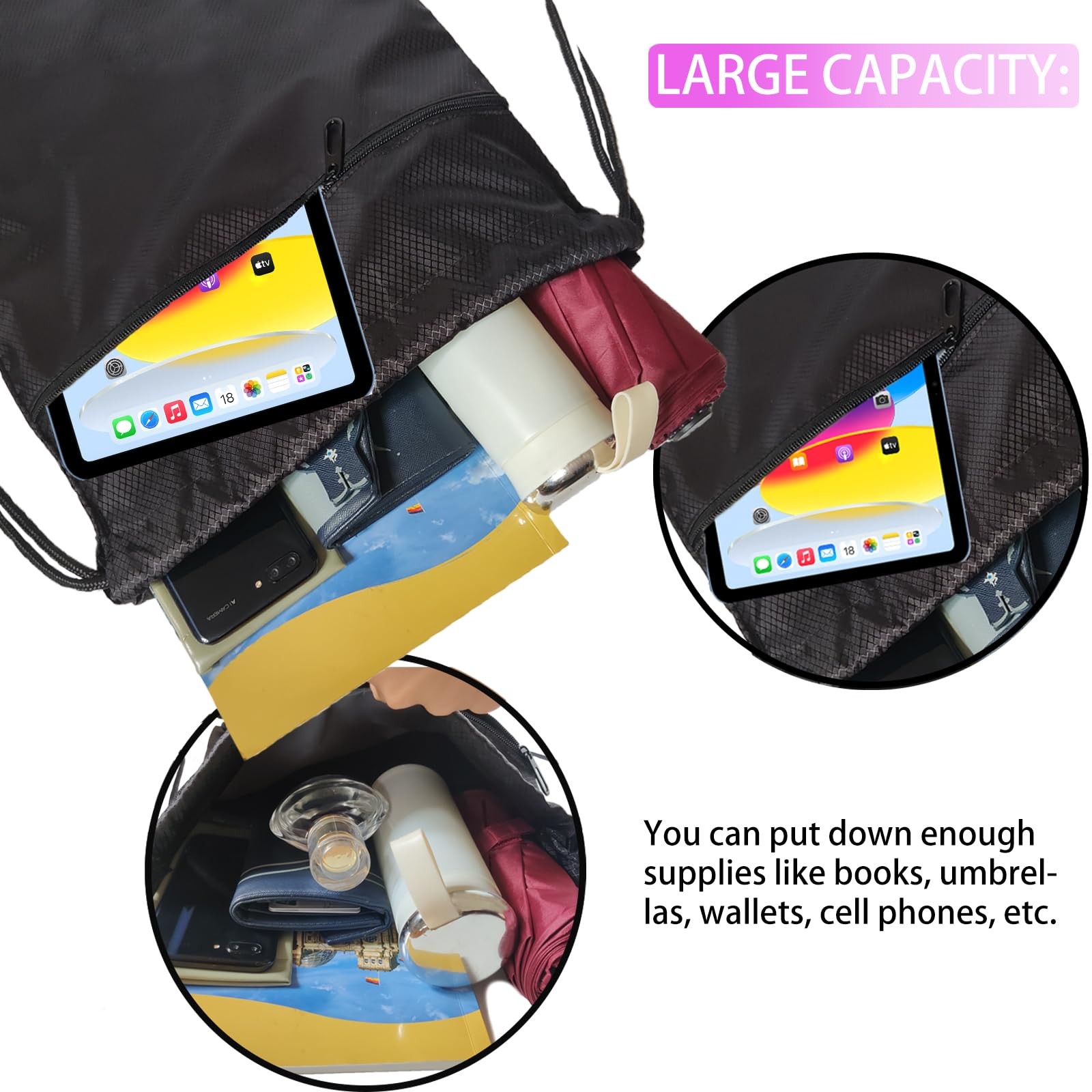Drawstring Backpack Gym Sackpack String Bag with Zip Pocket Sports Black