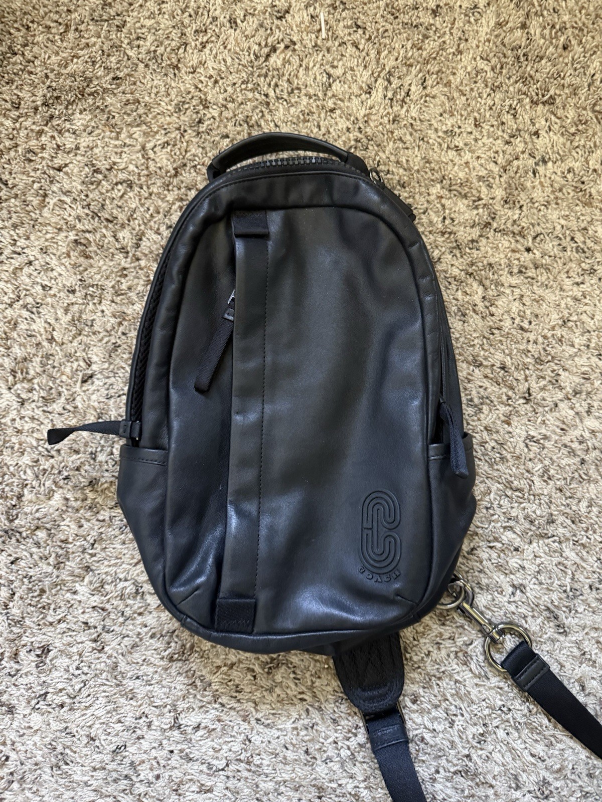 Coach Men Edge Pack Backpack Supple Leather Black Single Strap Zipper Bag Great