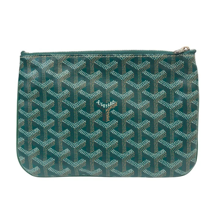 Goyard Senat PM Clutch Bag Pouch Green Yellow Canvas Herringbone Zipper Auth