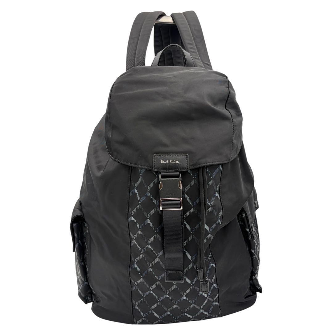 Paul Smith Branded Monogram Backpack Black Leather Nylon 42cm Mens Auth