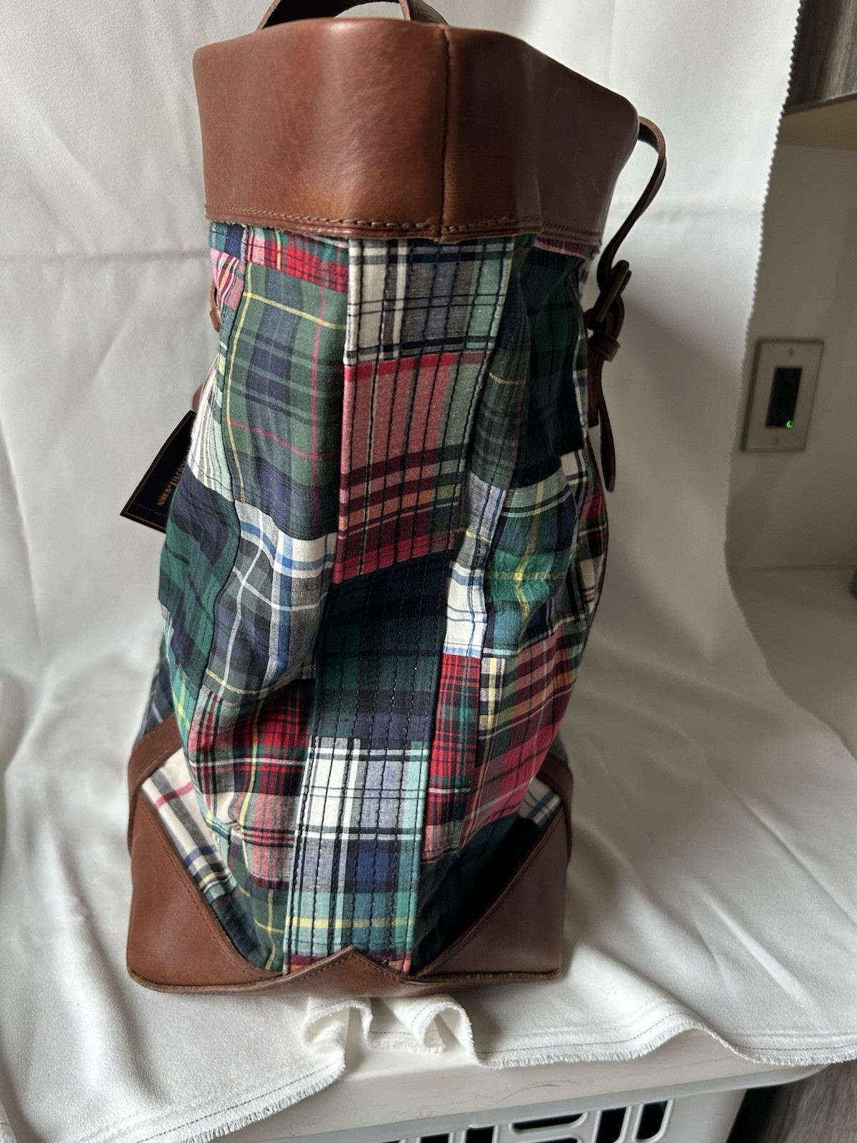 Ralph Lauren Plaid Fabric And Brown Leather Tote Bag New With Tag