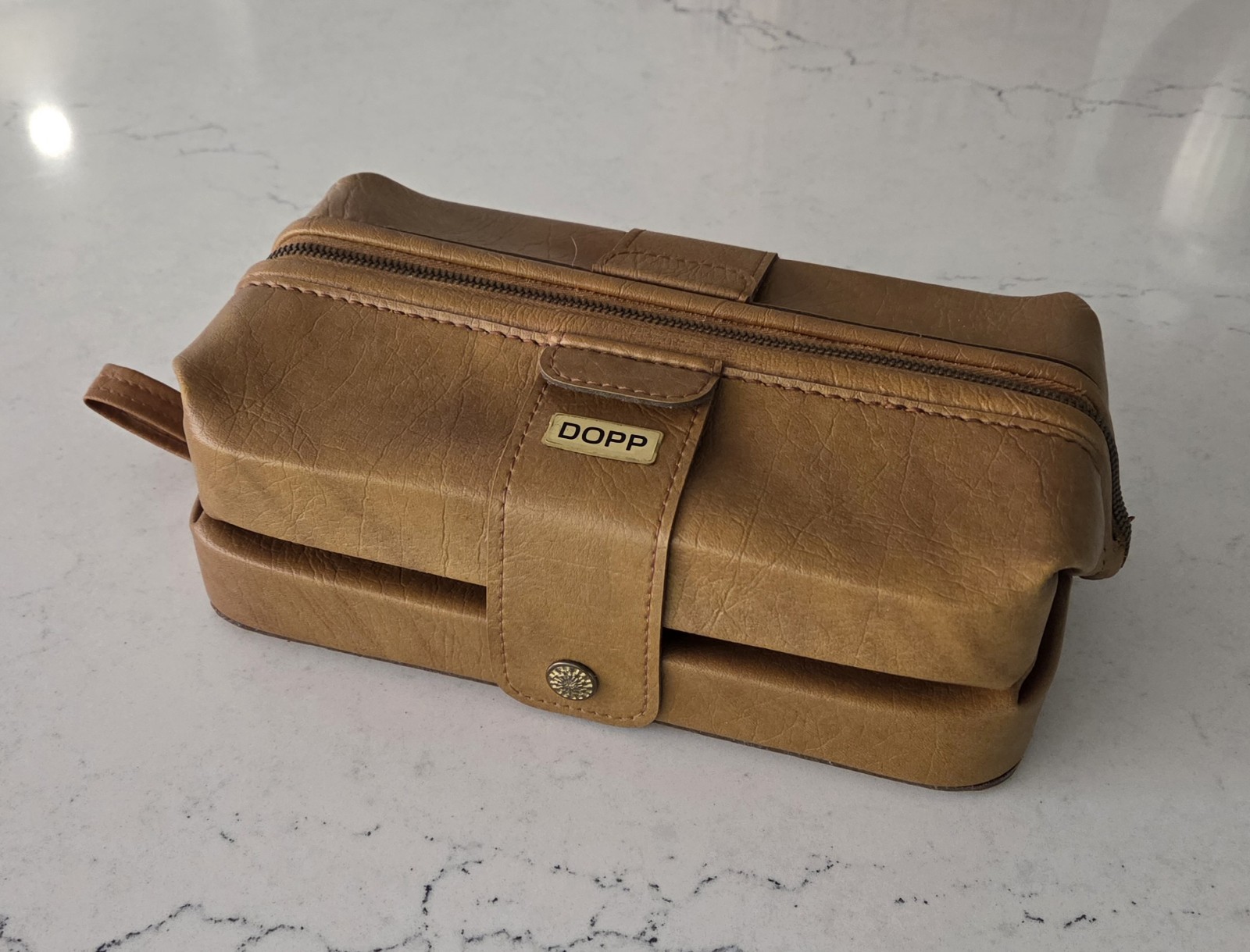 Vintage Dopp Full Grain Leather Expandable Toiletry Shaving Bag 10” Tan Brown