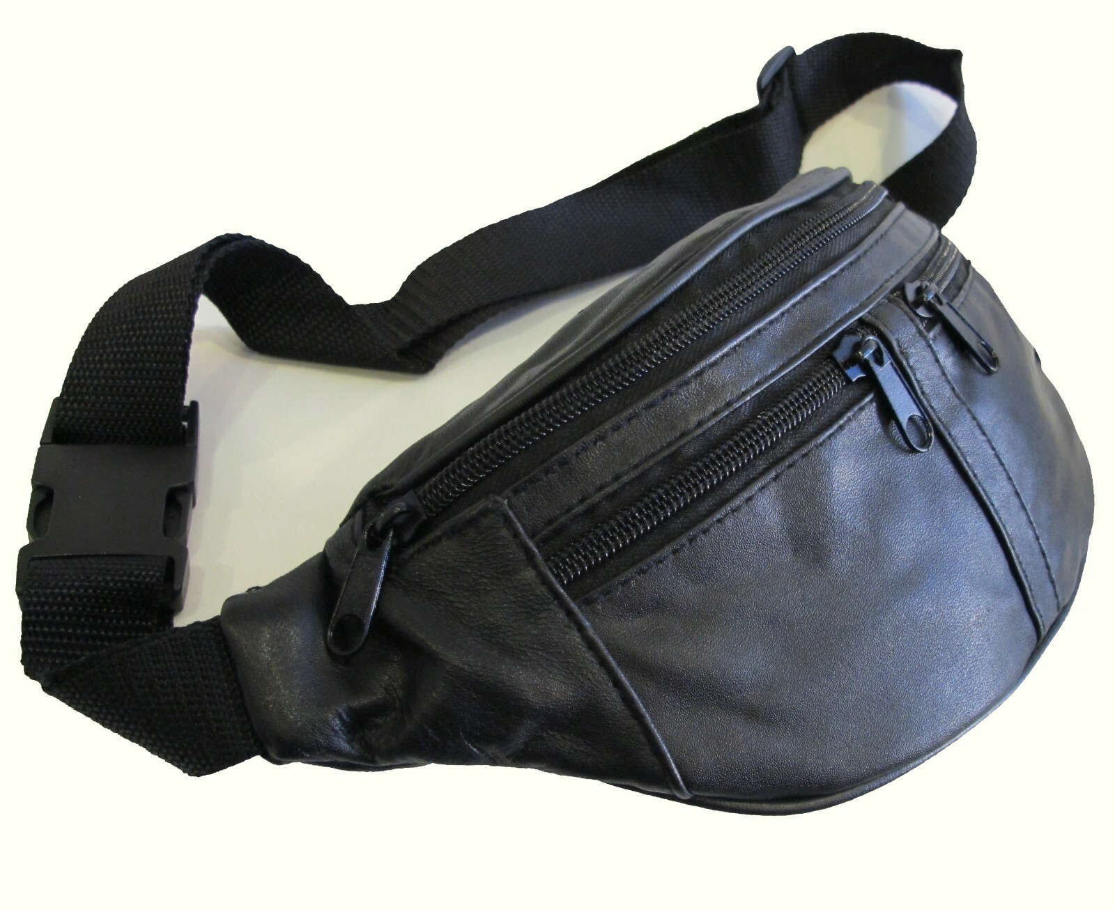 Small 4 Zipper Pocket Soft Lamb Leather Fanny Pack 48″ Long Waist Bum Bag -BLACK