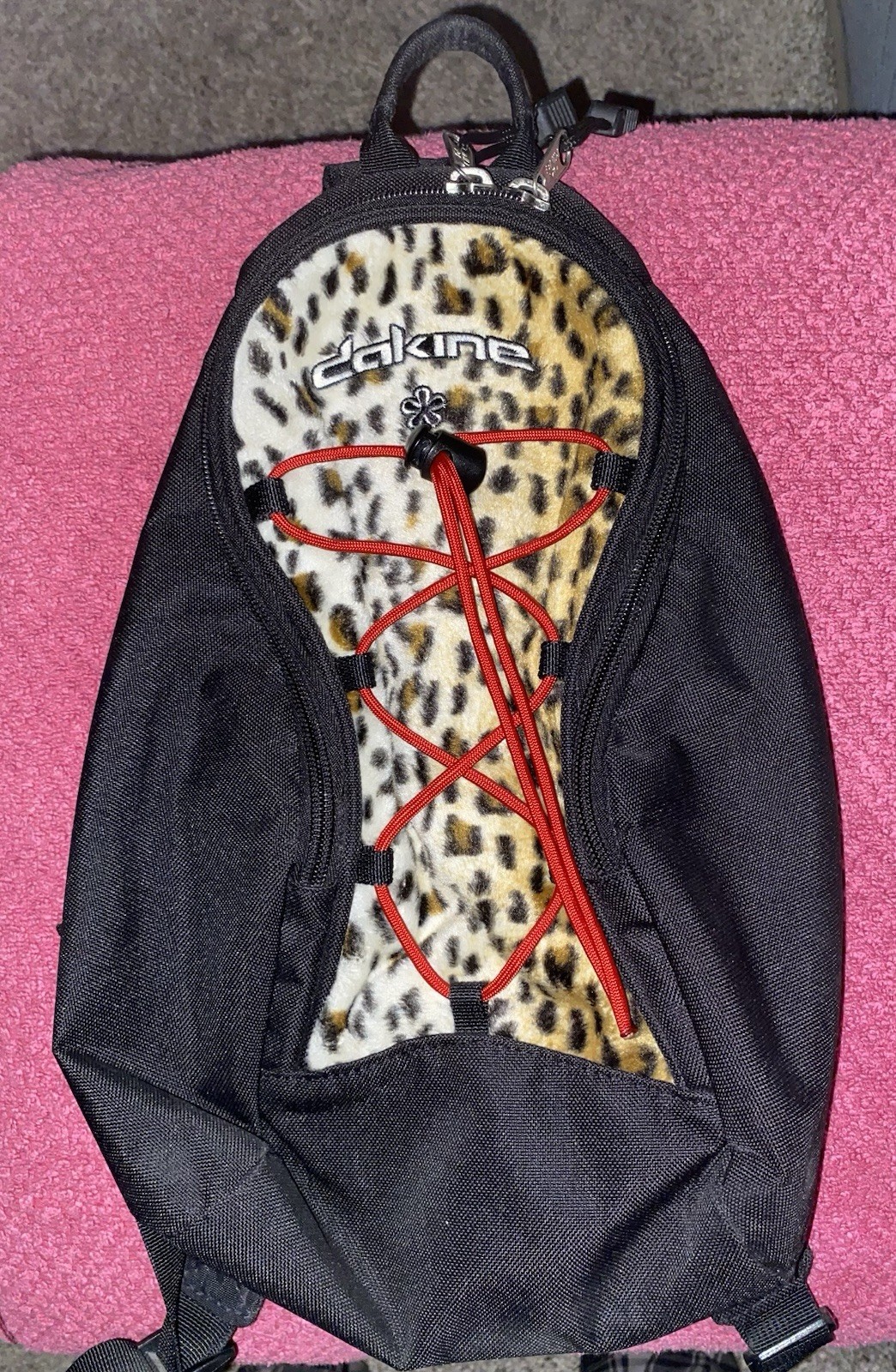 Dakine Small Black Backpack Leopard Print Panel, Red Bungee, Vintage