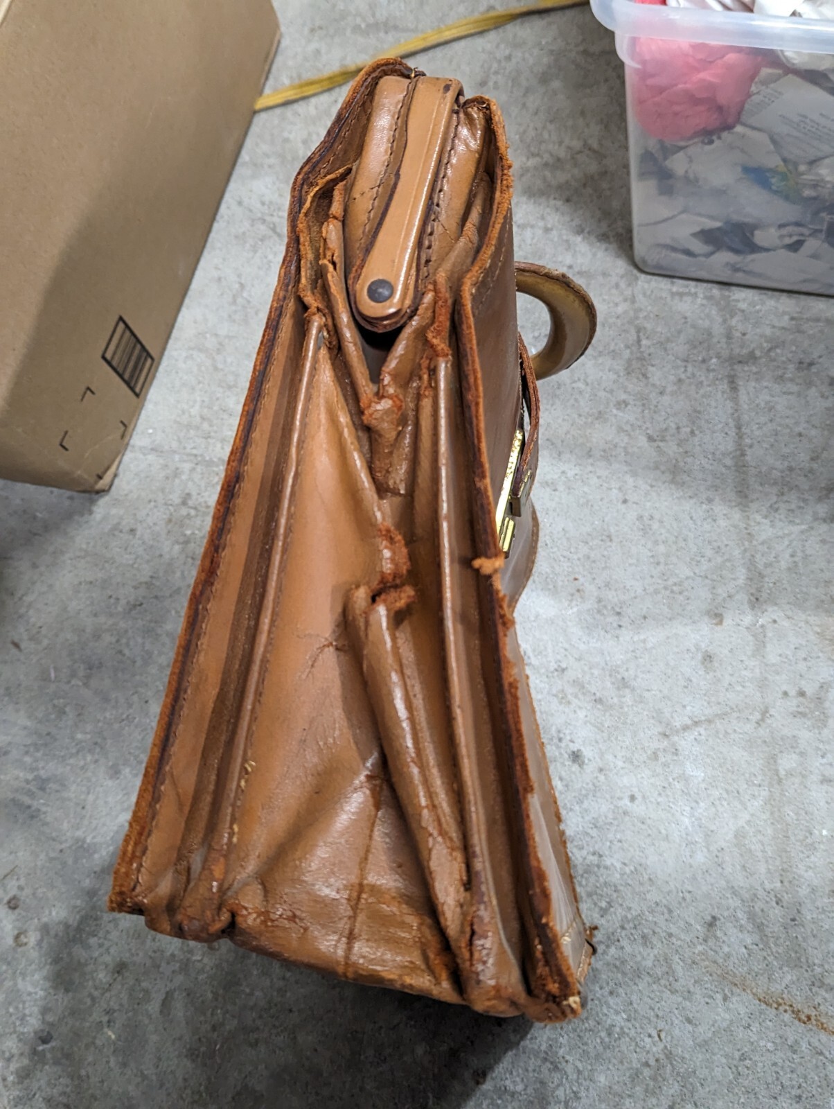 Vintage Cowhide Leather Briefcase- Split-Tan Doctors Bag- MCM- Distressed
