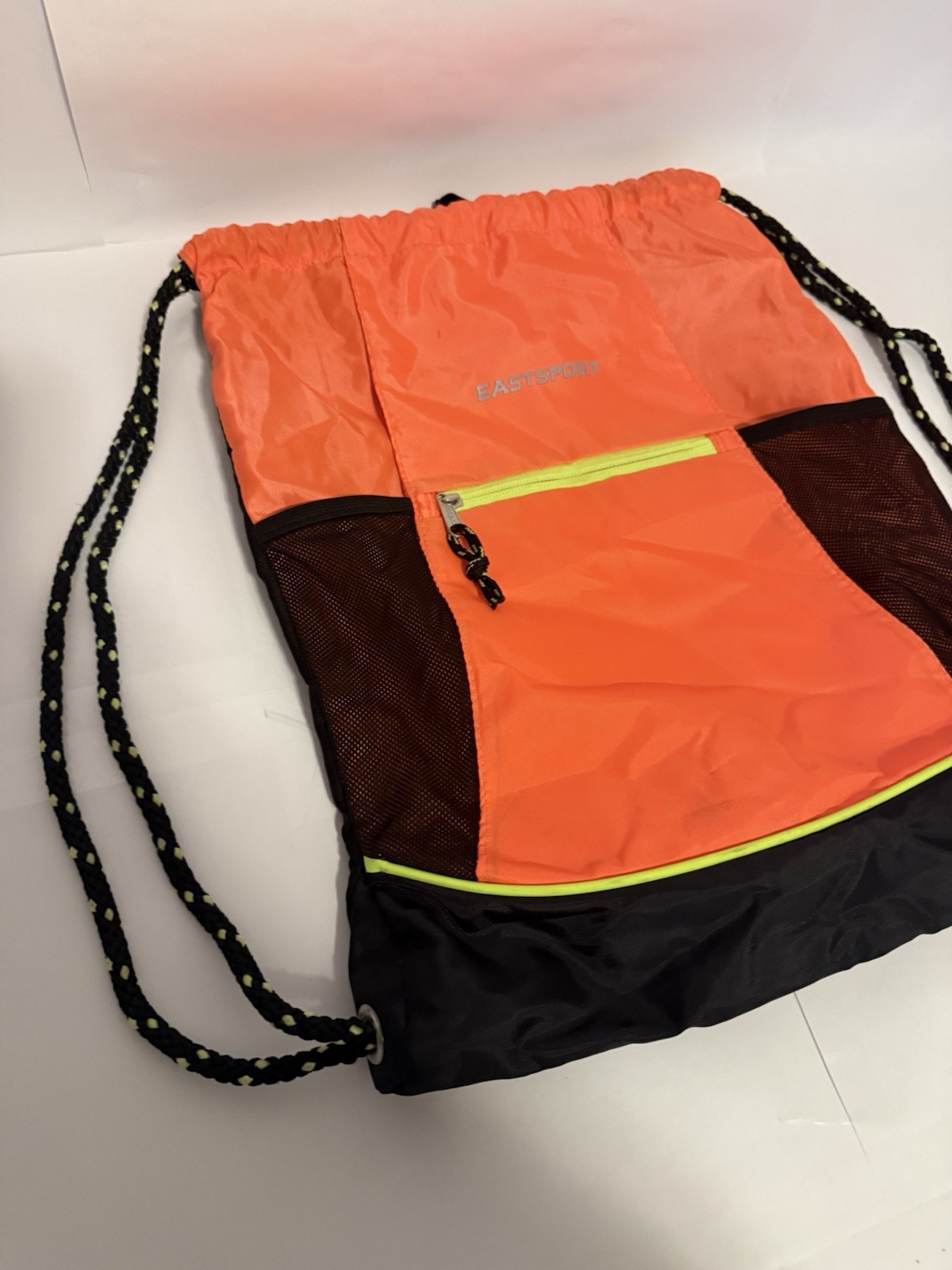 Eastsport Drawstring Backpack Front Zip Pocket Mesh Side Pockets Sports Athletic