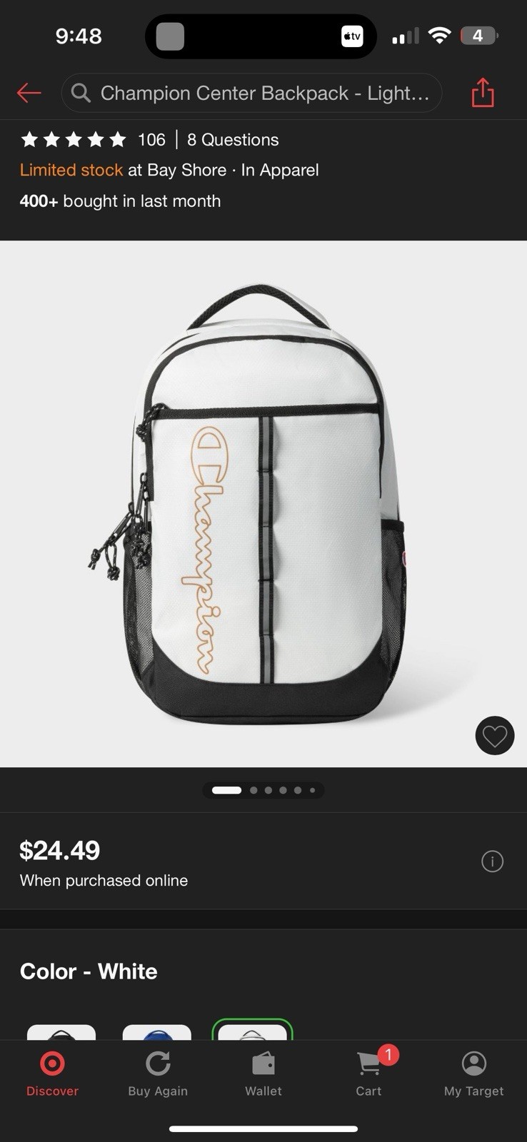 Champion Backpack School Bag Black/Red/Blue Computer Pocket Zip-Up