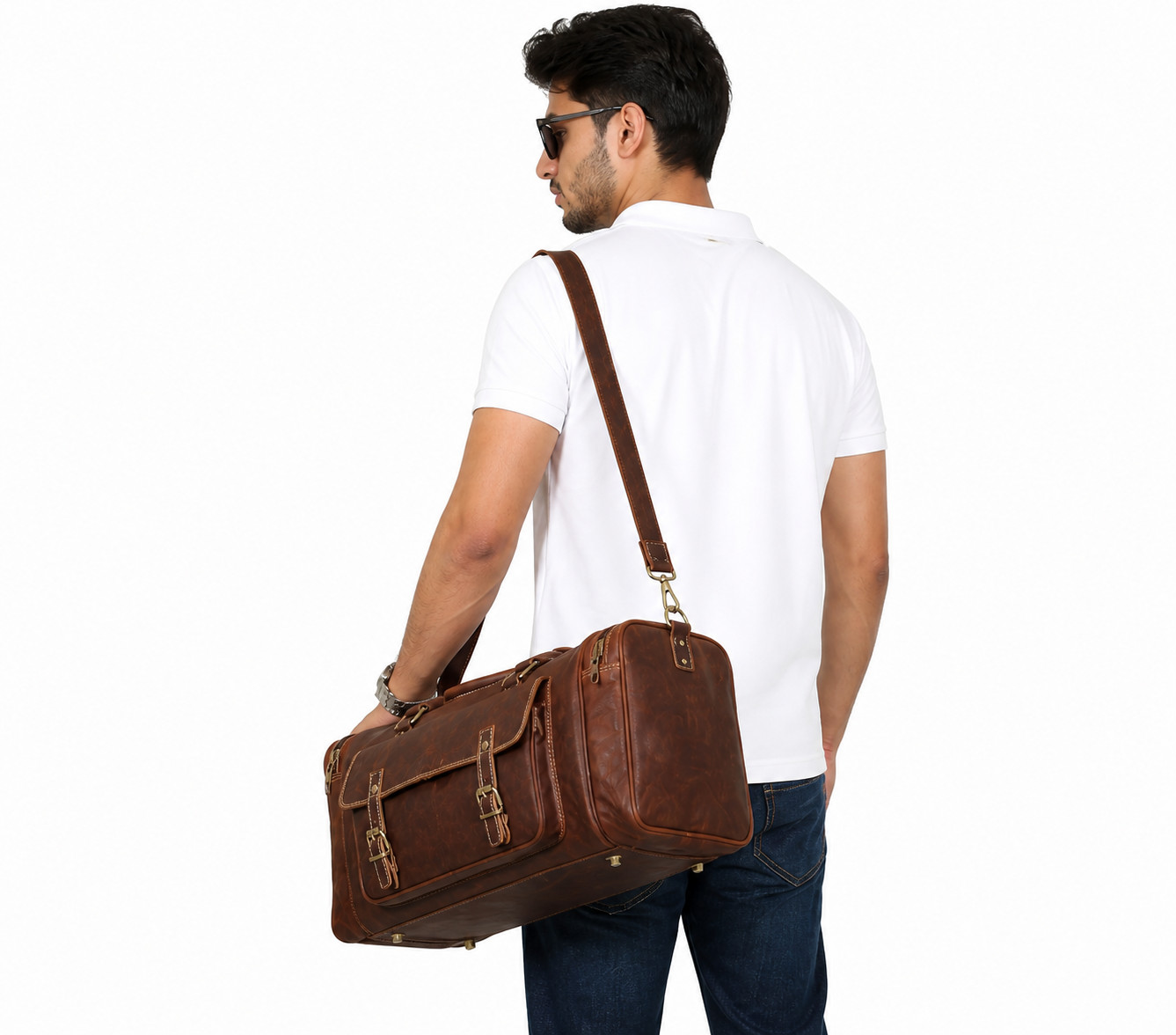 Large 24 Inch Leather Weekender Bag Mens Vintage Brown Duffle Travel Luggage