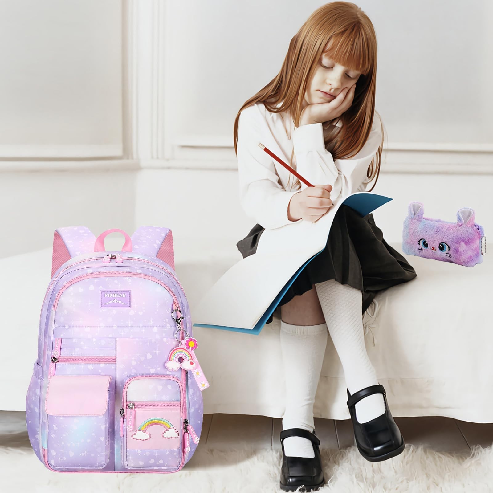 Rainbow Backpack for Girls Cute School Bag with Pen Bag Aesthetic Starry
