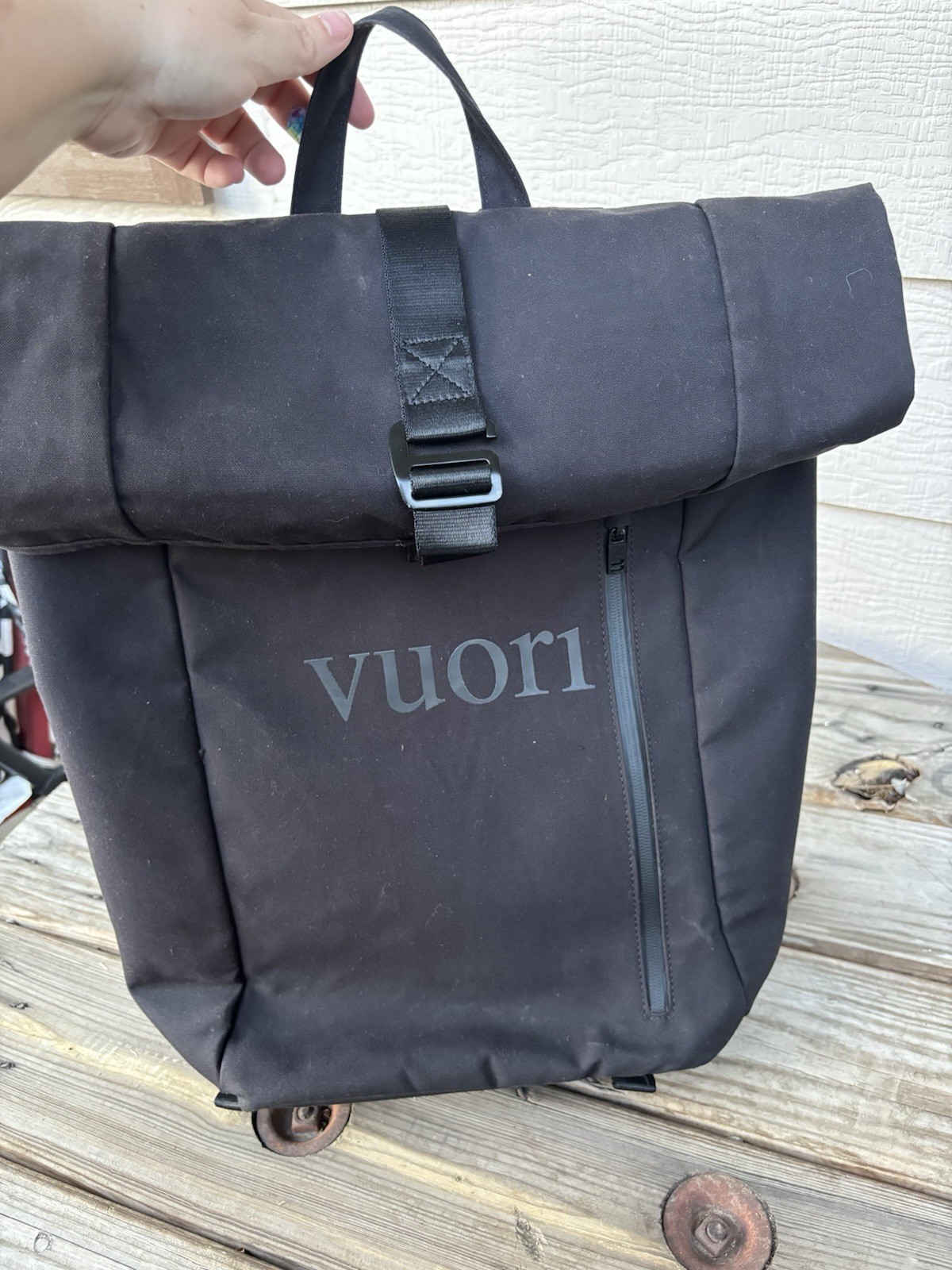 Vuori Black Roll-Top Backpack, Buckle & Zip Closure, Padded Straps