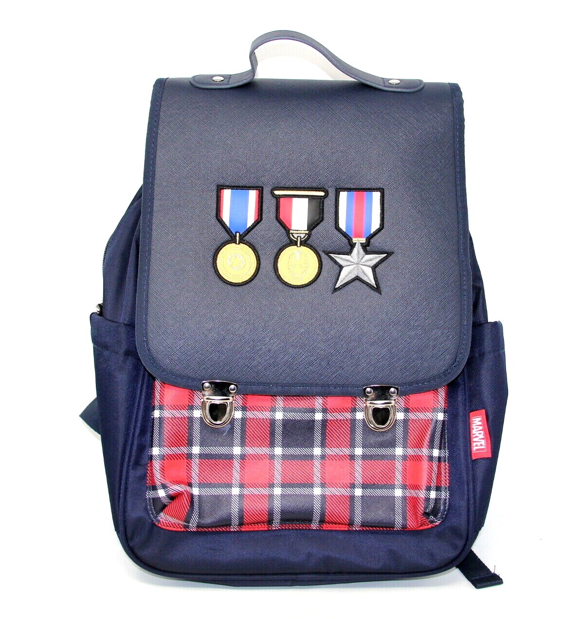 Marvel Captain America & Iron man logo 17″ Backpack school bag– NEW –NAVY