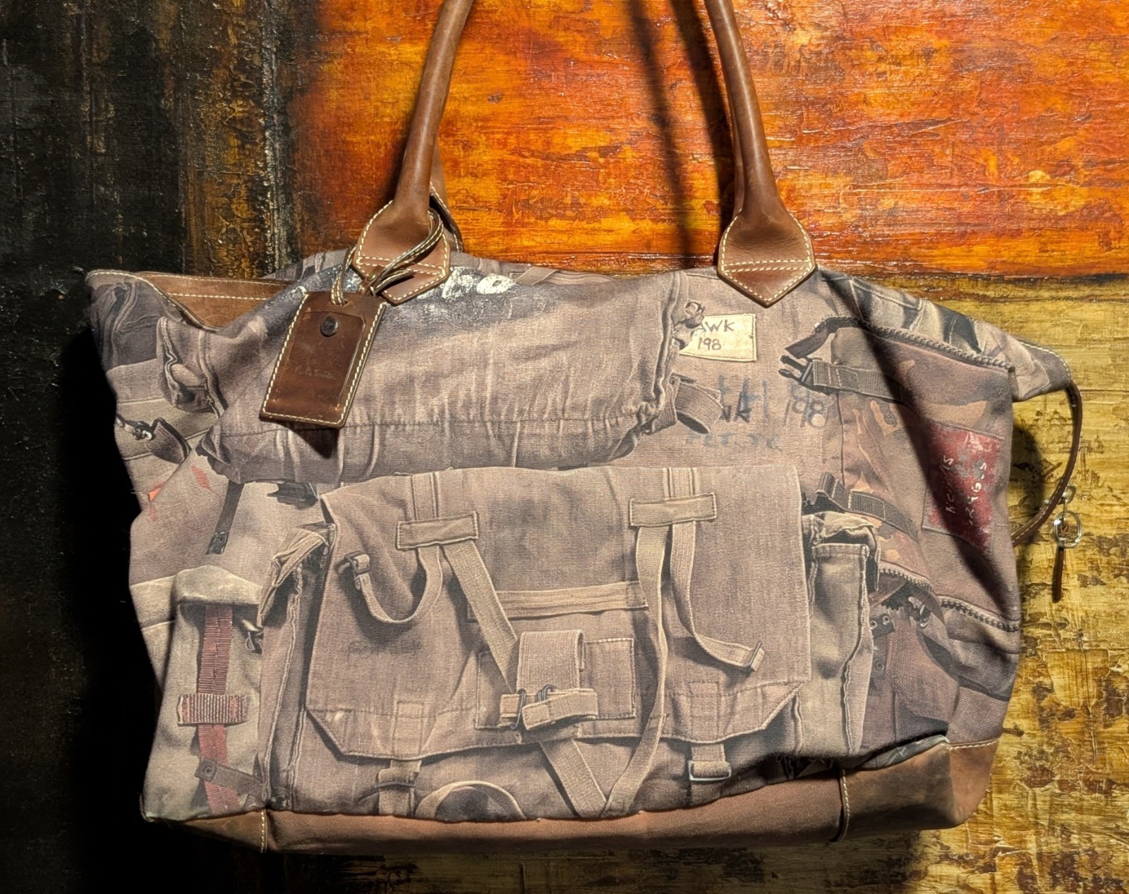 Paul Smith Holdall Duffle Weekender Canvas & Leather Military Print – 18x14x10″