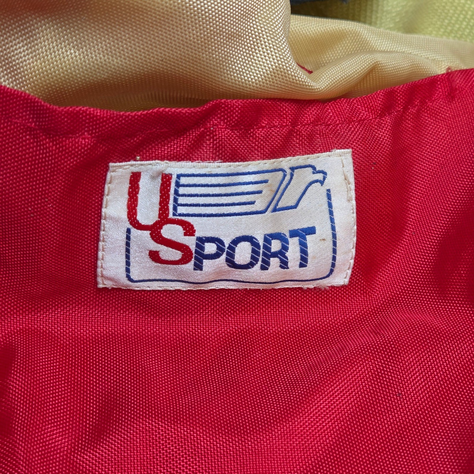 Vintage US Sport Red Nylon Duffel Bag Gym Travel Weekender Tan Straps 80s Korea