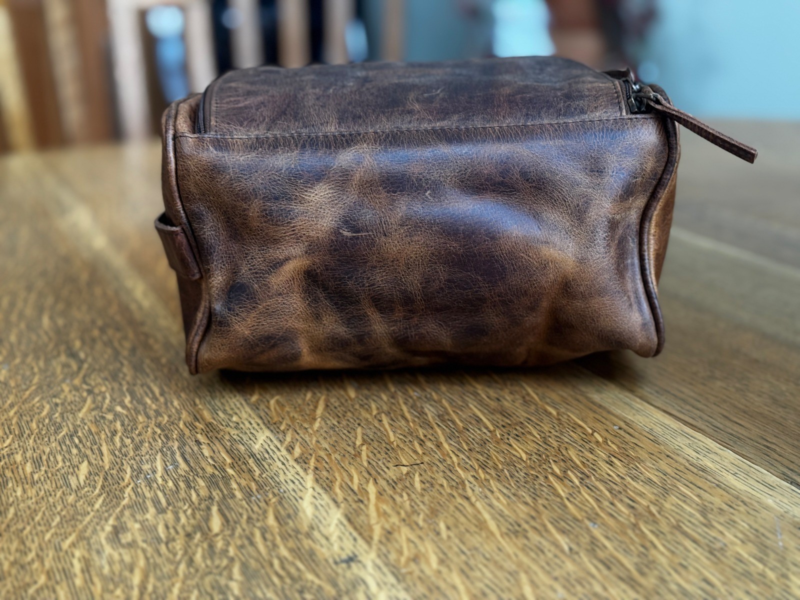 Medium size Grain Leather Dopp Kit Shaving Toiletry Travel Bag Dark Brown
