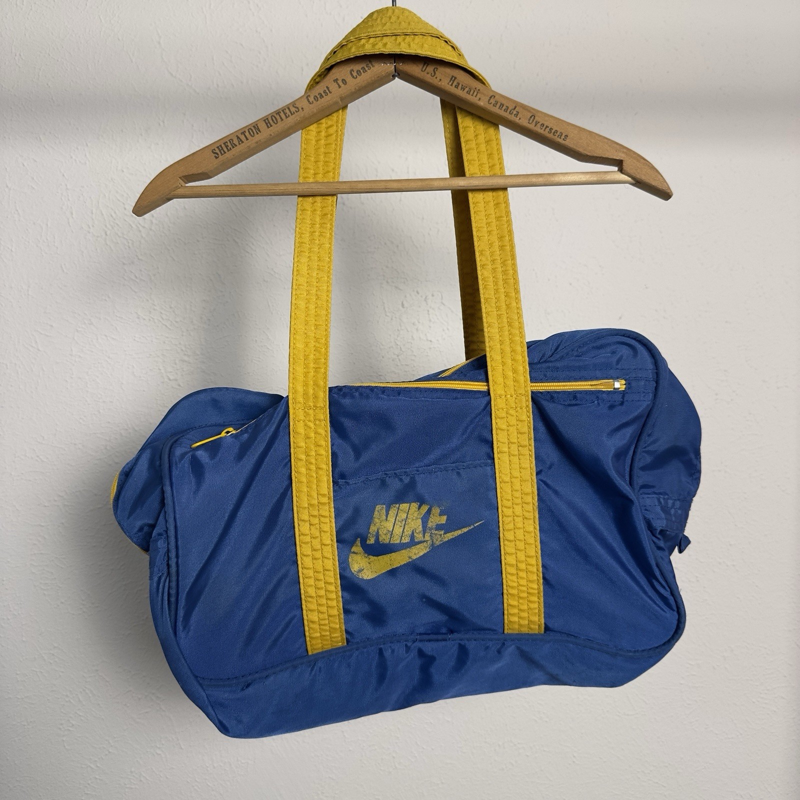 VTG Nike Duffel Gym Bag Blue Yellow w/ Swoosh Logo Two Handle Carry Nylon 80s