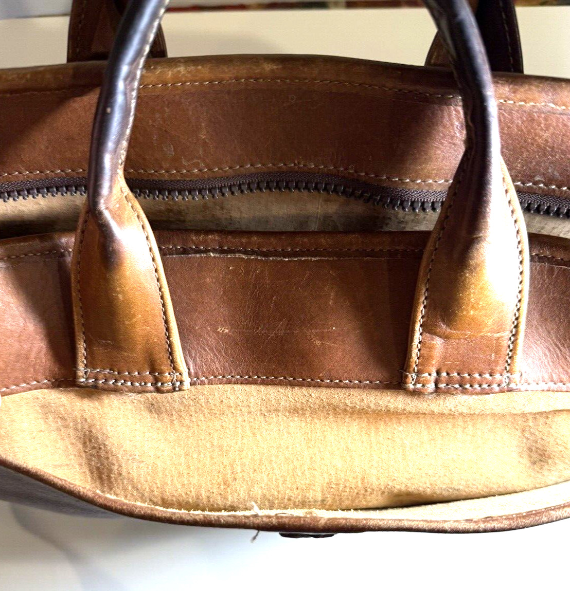 Jack Georges Brown Leather Briefcase Handles Zippers Many Pockets 16-1/2″ x 11″