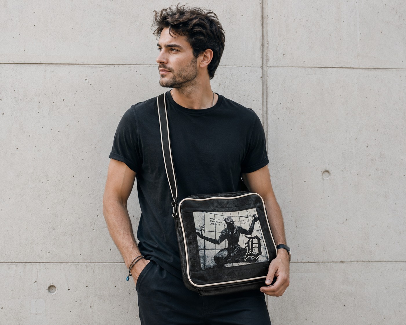 Men’s Graphic Print Crossbody Messenger Bag, Zip, Black/White, Adjust