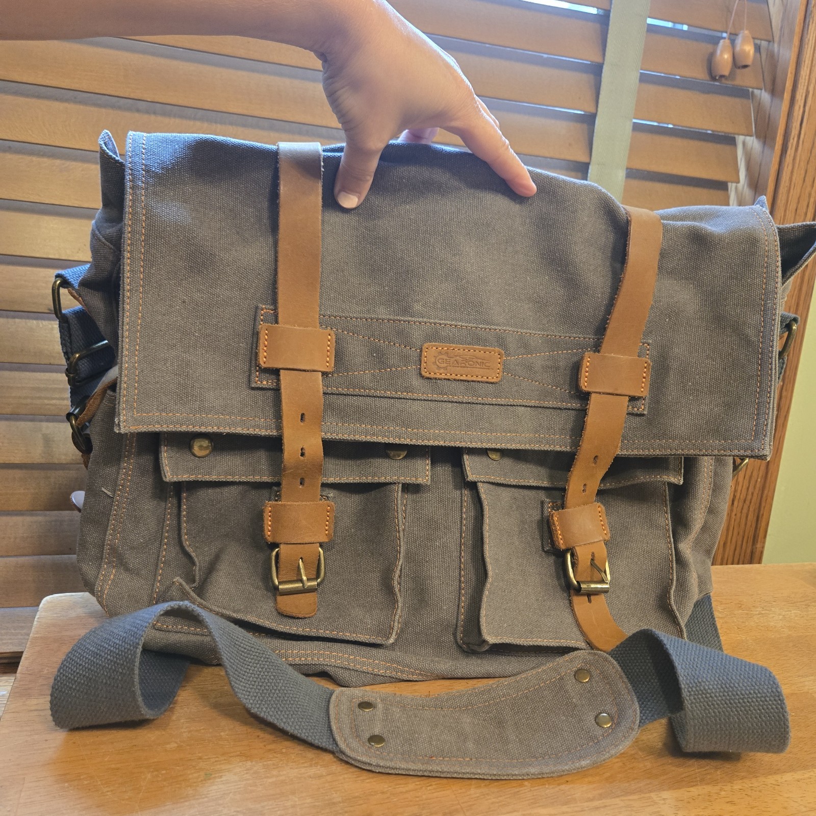 Gearonic Messenger Laptop Canvas Leather Satchel Shoulder Bag Gray/ Brown