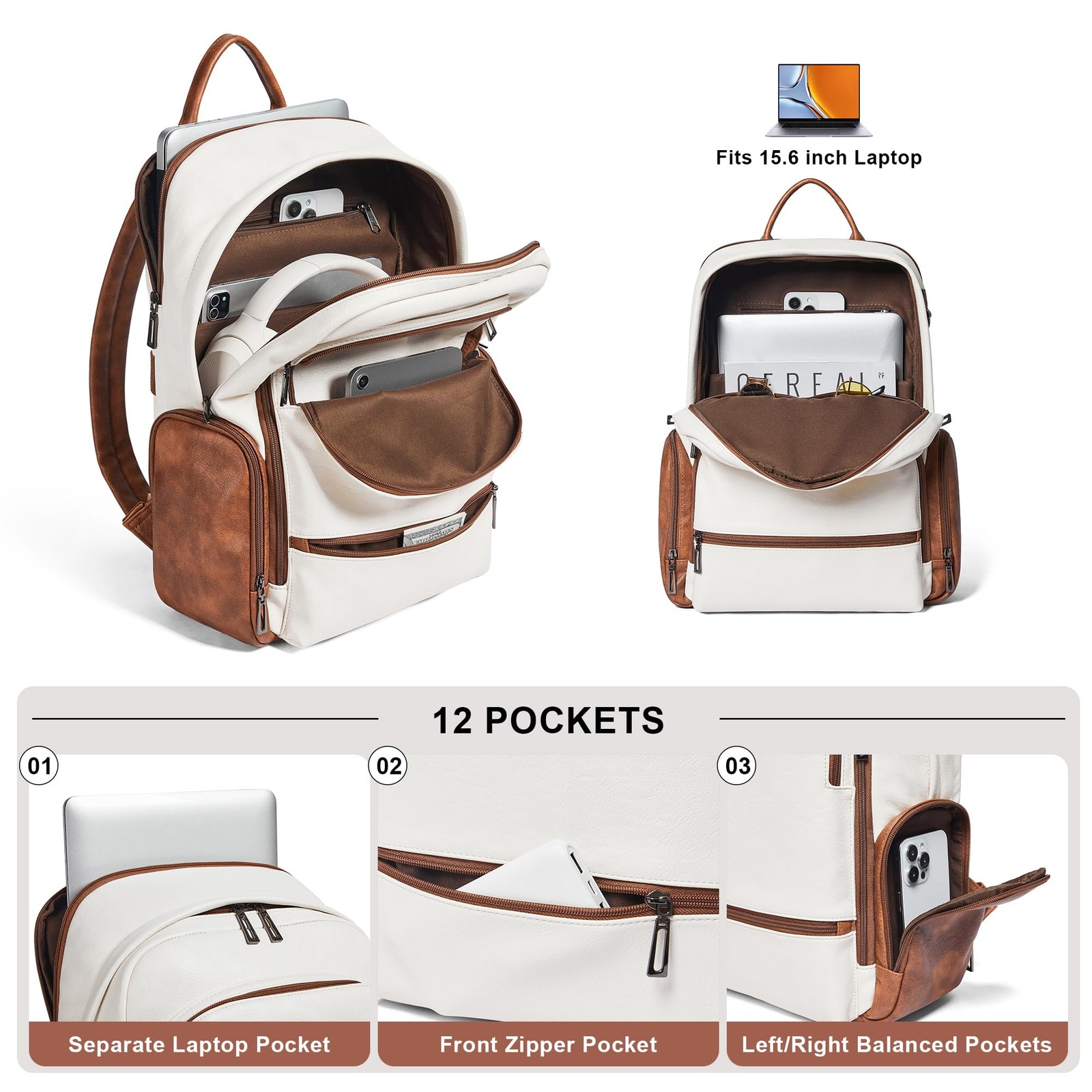 Leather Backpack for Women Men, Fits 16.0 Inch Laptop, Soft Vegan Leather Bac…