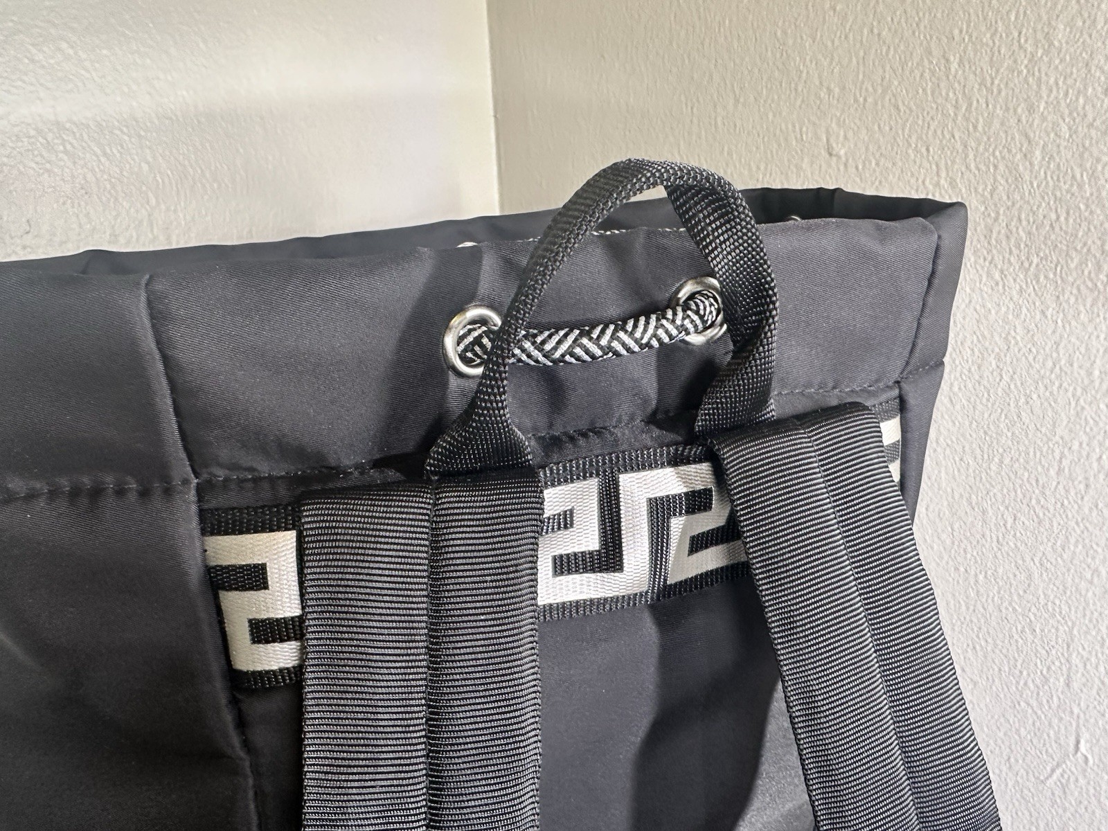 VERSACE FRAGRANCES Black Drawstring Backpack Gym Travel Bag Zip Pockets