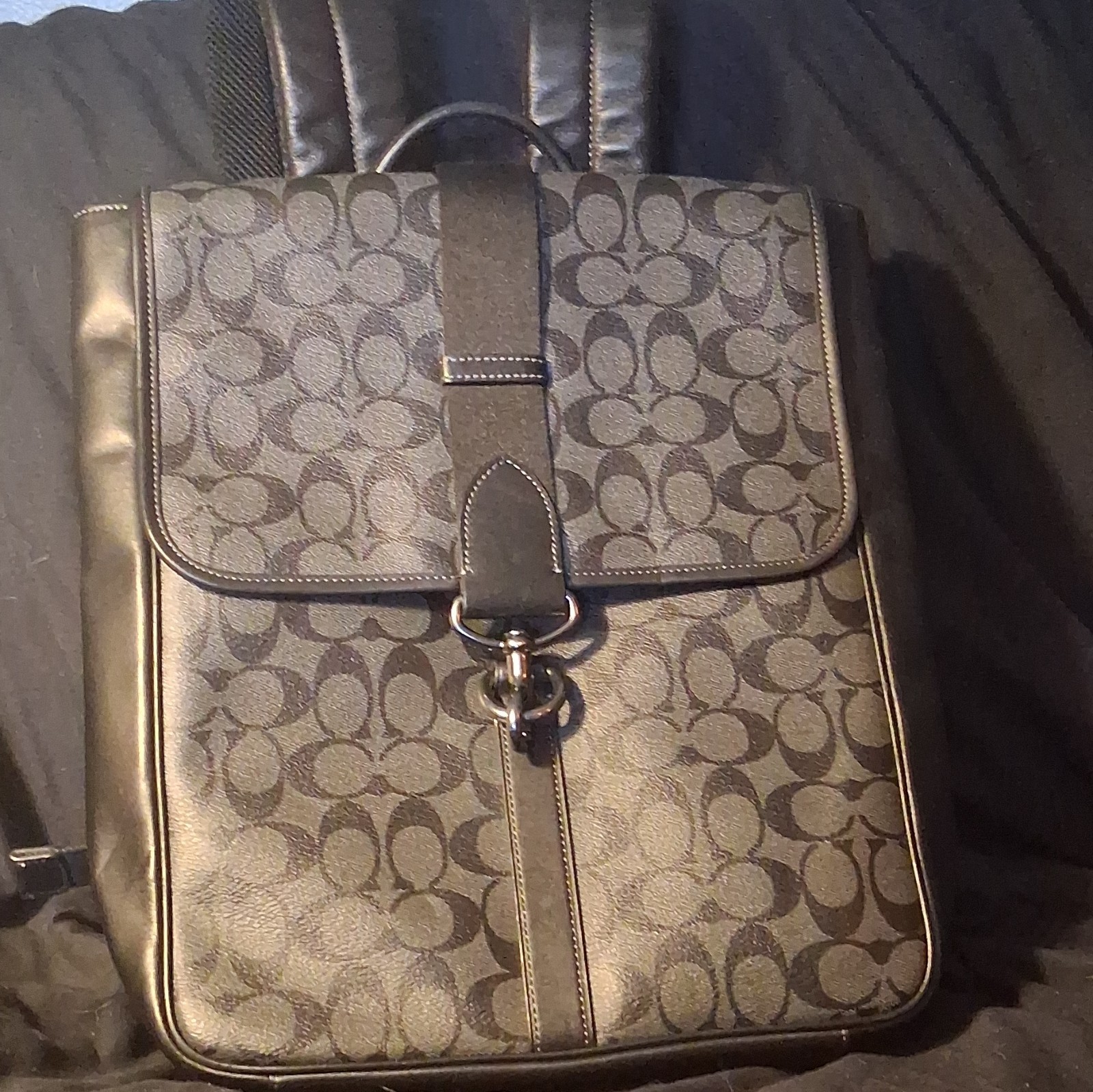 Coach Signature Logo Backpack Black/Gray Buckle Closure Adjustable Strap