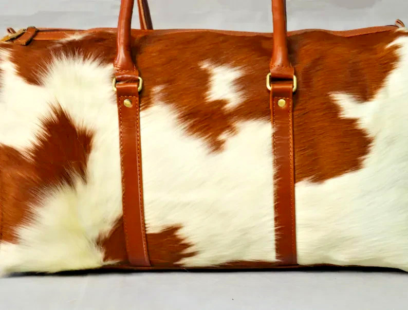 Brown White Hair On Cowhide Leather Duffle Bag Men Women Travel Weekender Overni