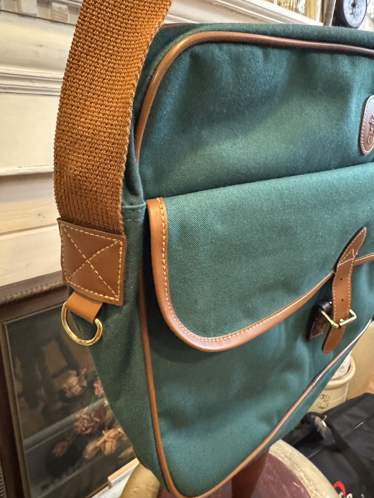 Polo Ralph Lauren Green/Brown Messenger Bag Buckle Zip Pockets Adjustable Strap