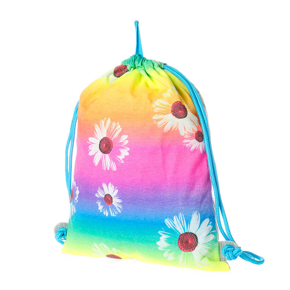 Rainbow Daisy Reversible Drawstring Bag Rhinestone Flowers Bling Rainbow NWT