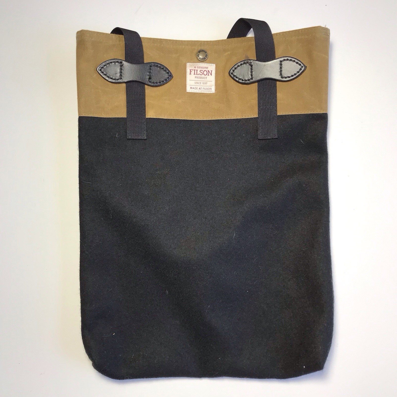 Vintage Filson Black Wool Riverkeeper Khaki Tin Cloth Leather Tote USA