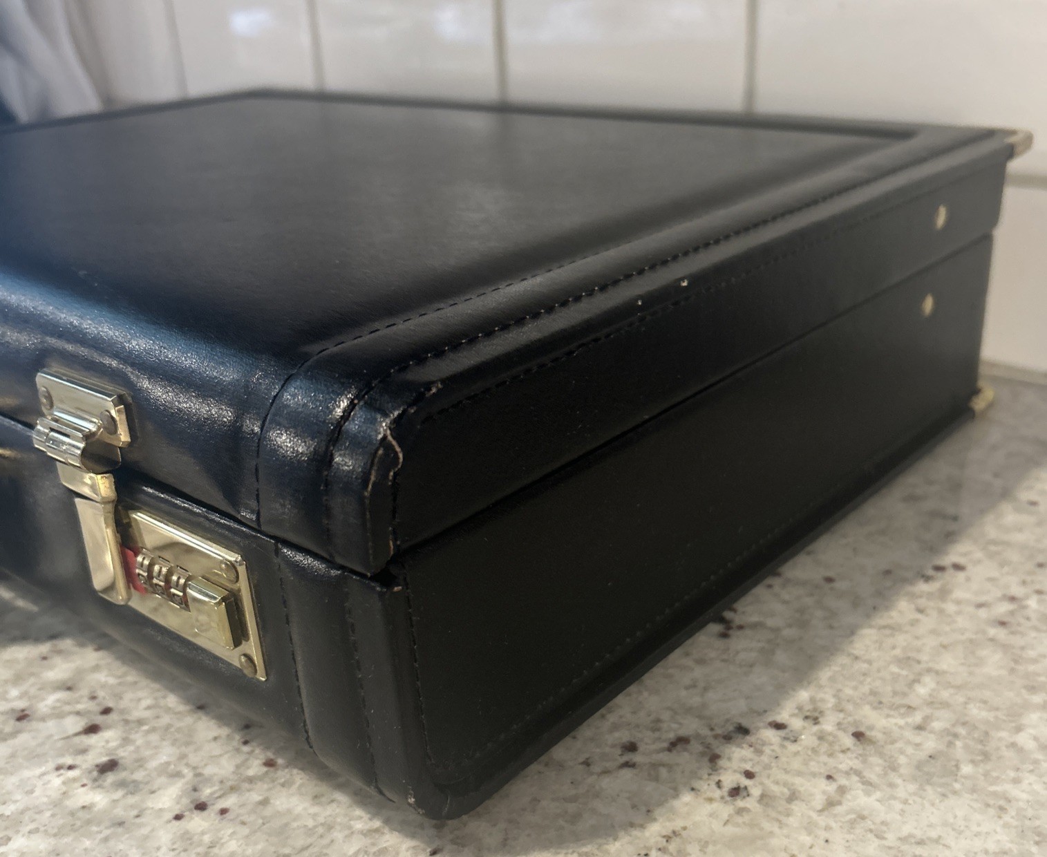 Vintage Black Leather Attache Briefcase with A Lock Dual Push Mechanism