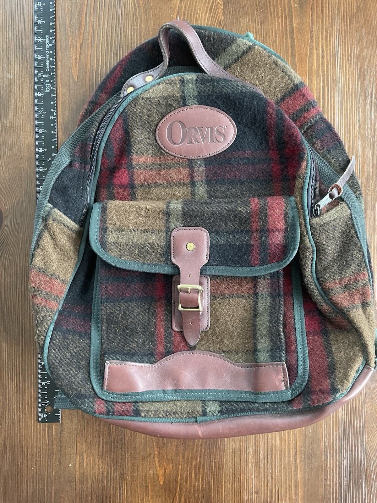 Vintage Orvis Backpack Plaid / Multicolor Brown Leather Made In USA Euc Rare 90s