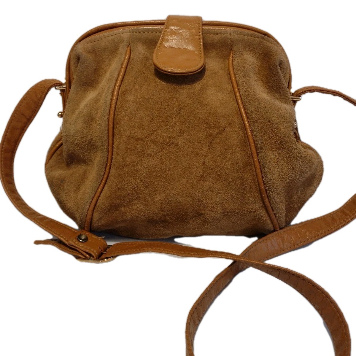 Vintage 1970s Tan Suede & Leather Hinged Shoulder Bag Small