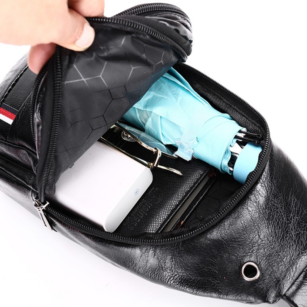 Men Leather Sling Bag Chest Shoulder Crossbody Backpack USB Charging Port Travel