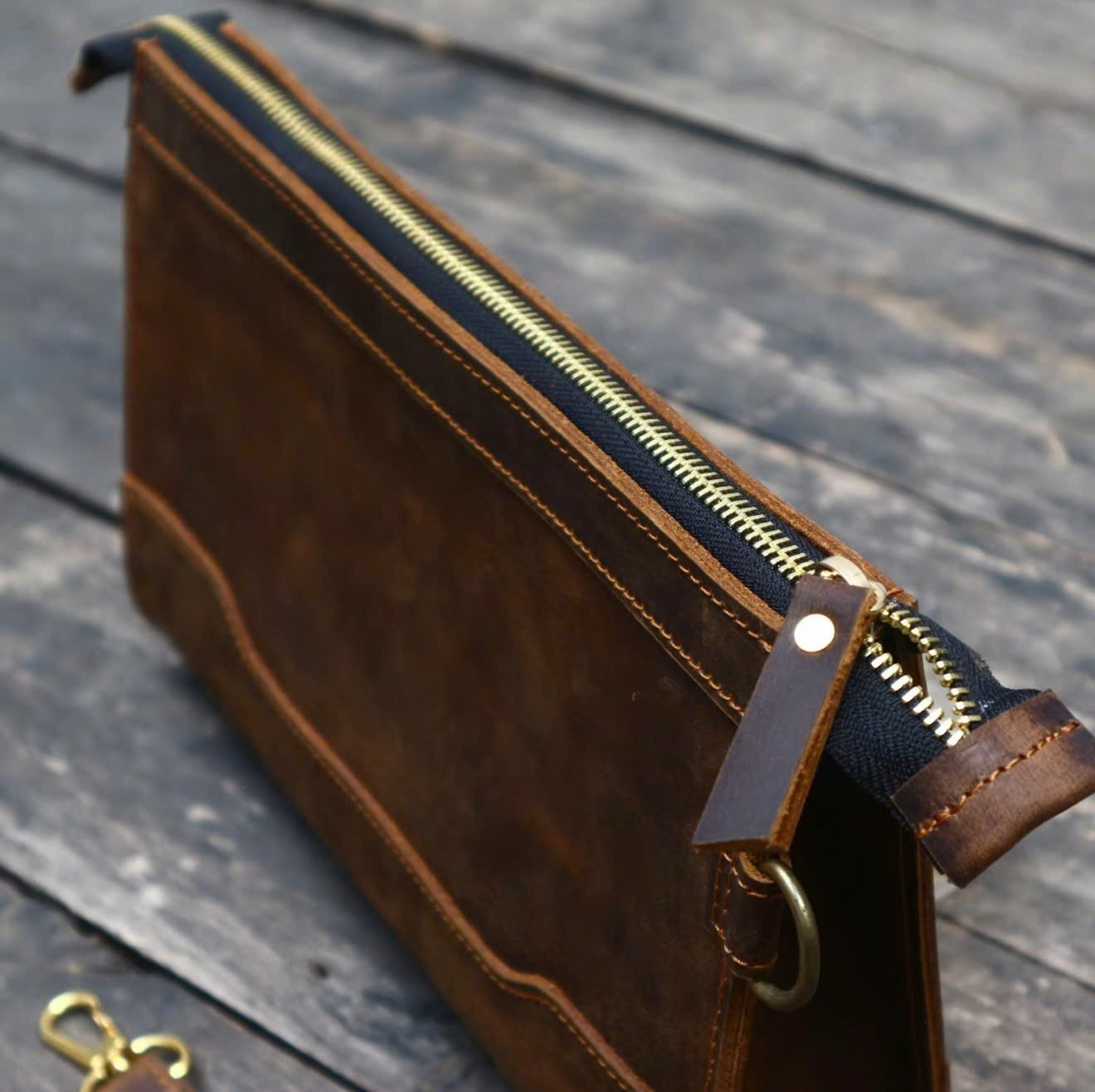 Genuine leather clutch with zipper and card slots