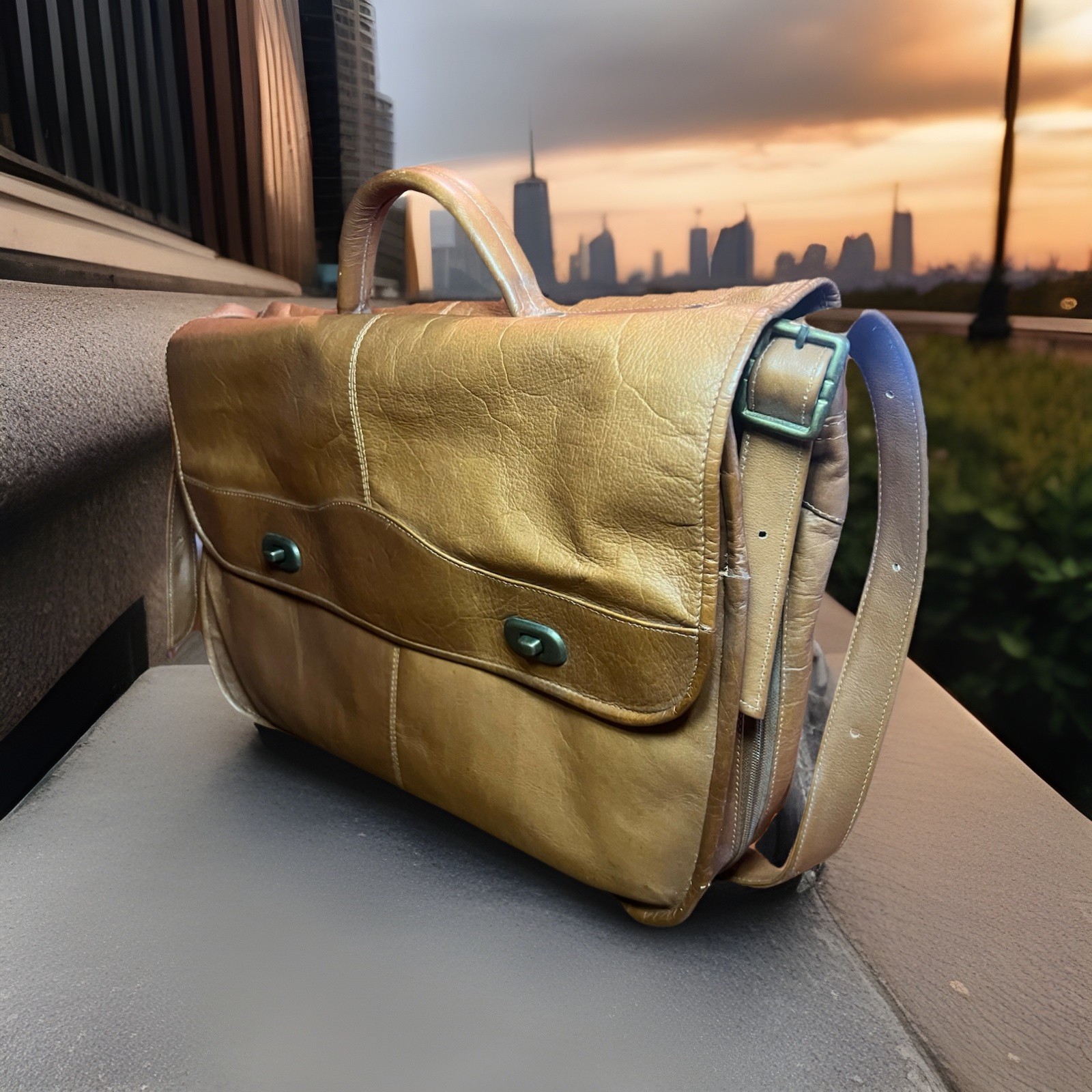 Caramel brown Genuine Columbia Leather Shoulder Laptop Satchel Bag. Satin Lining