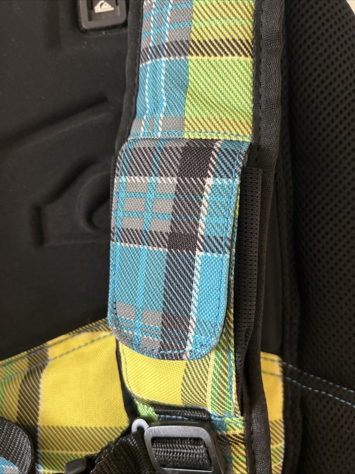 Quiksilver Full-Size Heavy Weather Black Base Blue & Green Plaid Backpack Bag