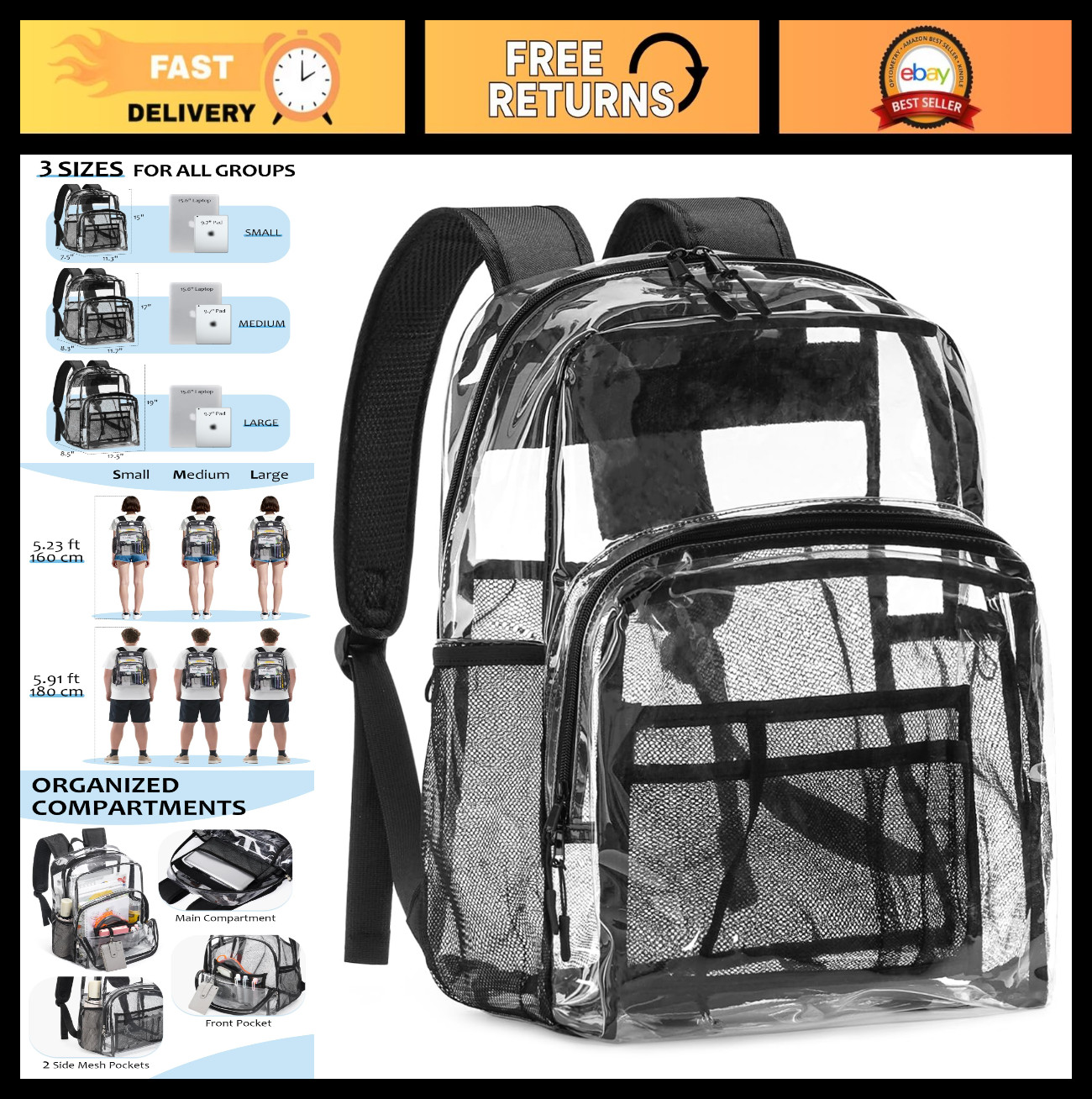 Heavy Duty Clear Backpack 19″ Transparent Book Bag for School, College, Work, Sp