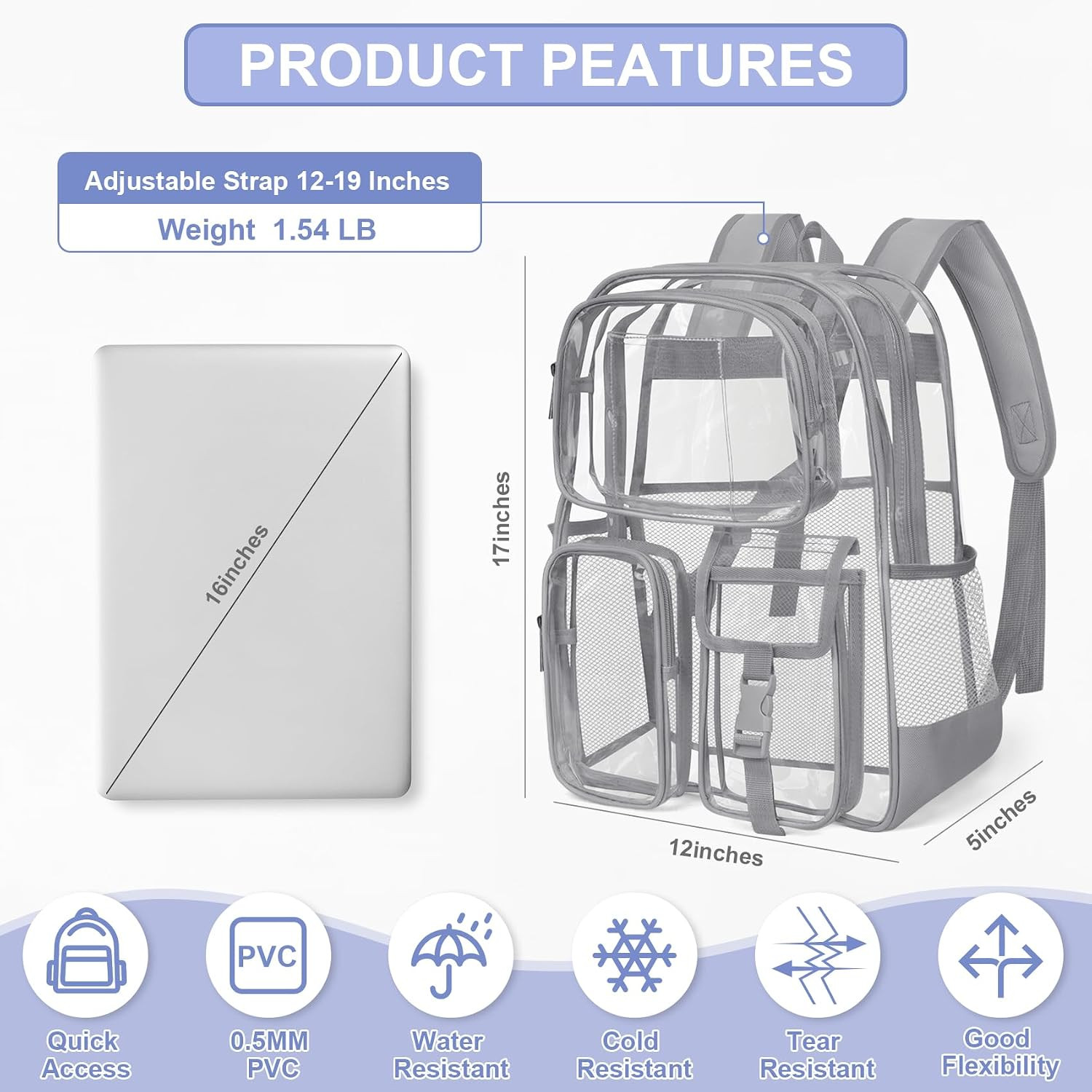 Clear Backpack for School, Large Heavy Duty Clear Bookbag with Luggage Strap & S