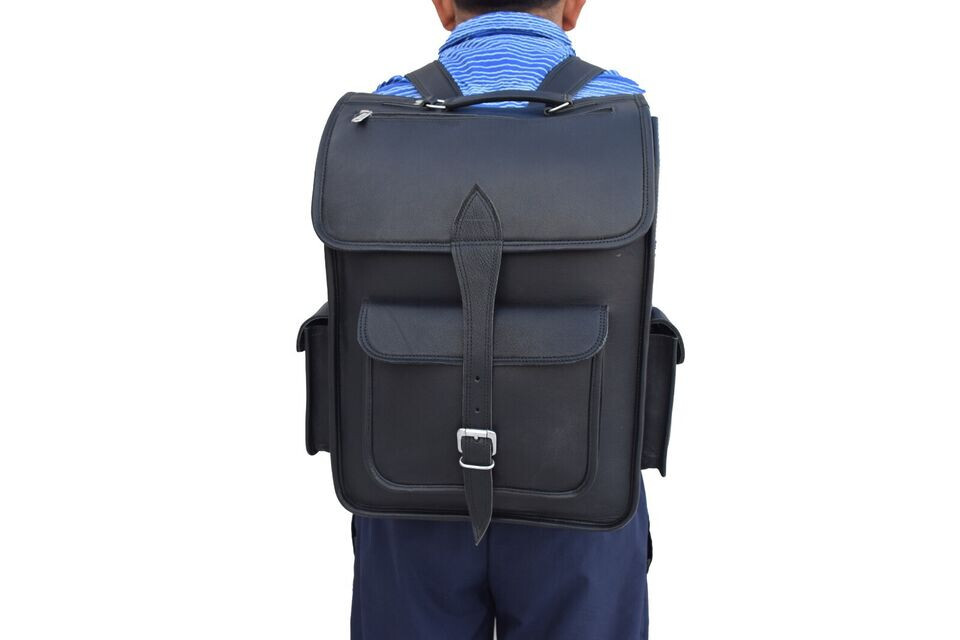 Black Leather Backpack Shoulder Bag 17 In Laptop Rucksack Office School Daypack