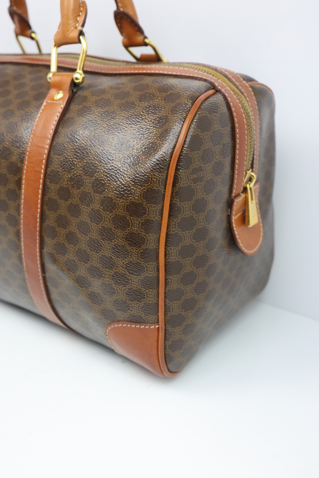 Authentic CELINE Macadam Boston Bag 35cm Brown PVC Leather Travel Handbag Vintag