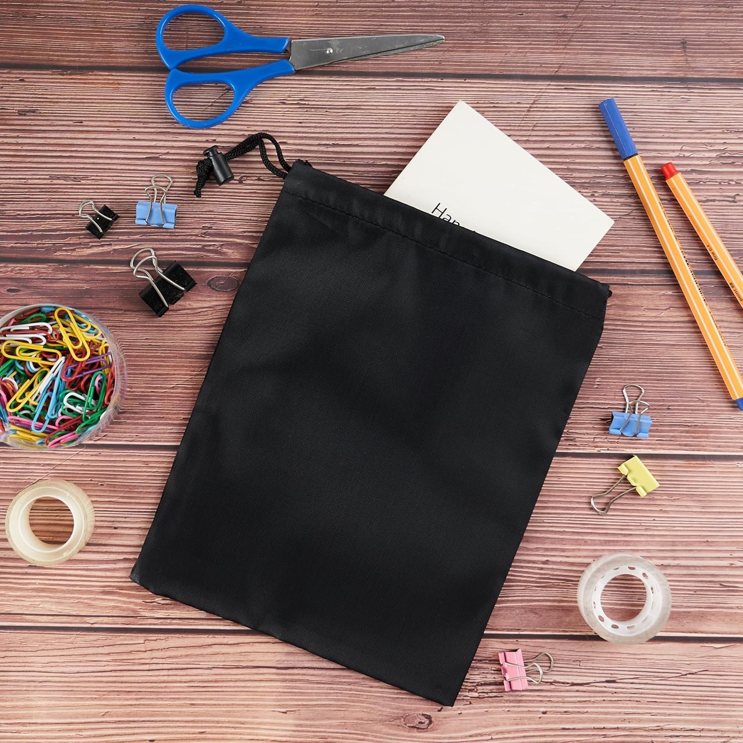 6 Set Drawstring Bag With Toggle Nylon Cinch & Ditty Pouch Black 7 X 9 Inch