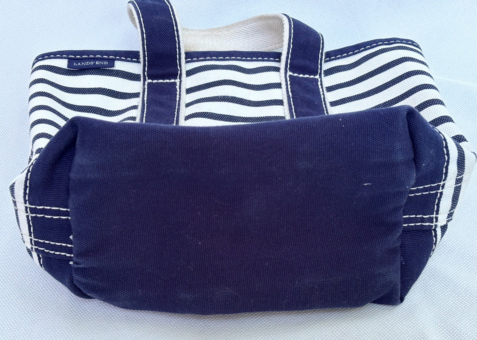 Lands’ End Canvas Tote Bag Navy White Striped Open Top Beach Preppy 12”