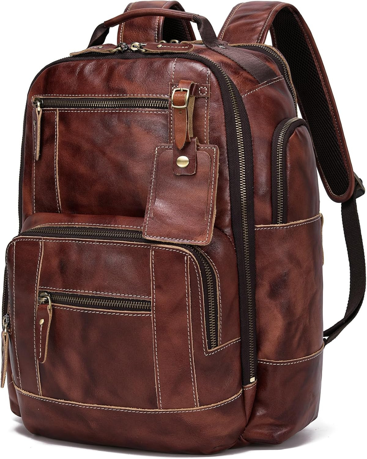 Coffee Full Grain Leather Backpack for Men – Fits 16″ Laptop