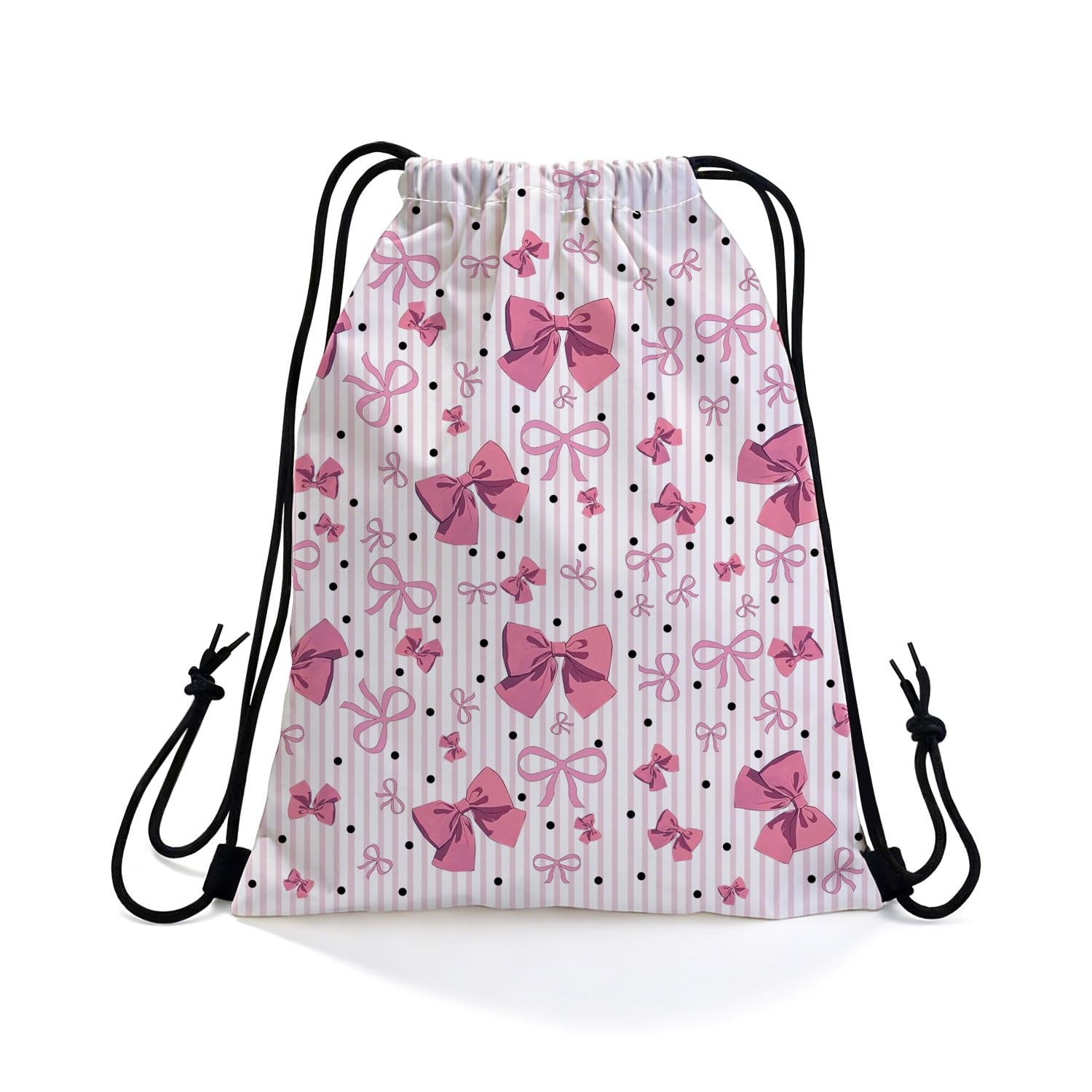 Pink Bow Knot Drawstring Backpack with Dual-Sided Print, Adjustable Cord & In…